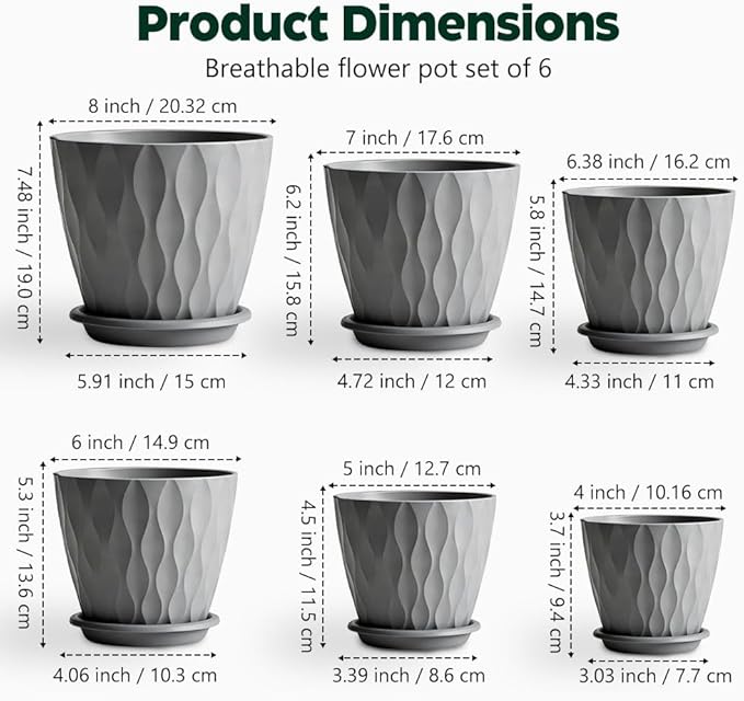 Plant Pots, Self Watering Planters with Drainage Holes and Trays, Flower Pots for Indoor Outdoor - 6 Pack(4/5/6/6.5/7/8 Inch) (Gray)
