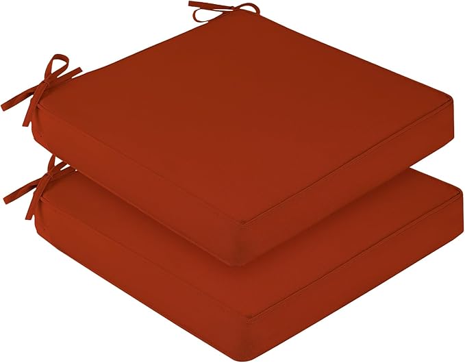 downluxe Waterproof Outdoor Chair Cushions Set of 2, 19" x 19" x 3" Patio Chair Cushion with Non-Slip Ties & Handle, Square Outdoor Cushion for Patio Furniture with Removable Cover, Orange