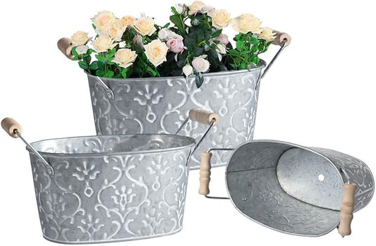 Galvanized Metal Oval Planter Buckets with Handles – Set of 3 Rustic Farmhouse Flower Tubs with Drain Holes & Plugs, Vintage Small Pots for Herbs, Succulents, Wedding or Tabletop Decor (Flower style)