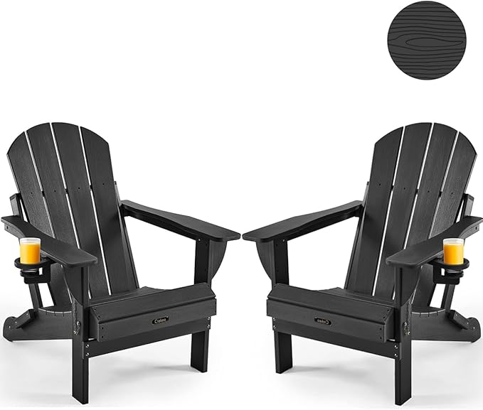 Ciokea Folding Adirondack Chair Wood Texture 2 Pack, Patio Adirondack Chair Weather Resistant, Plastic Fire Pit Chair with Cup Holder, Lawn Chair for Outdoor Porch Garden Backyard Deck (Black)