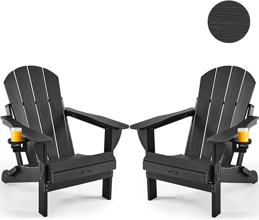 Ciokea Folding Adirondack Chair Wood Texture 2 Pack, Patio Adirondack Chair Weather Resistant, Plastic Fire Pit Chair with Cup Holder, Lawn Chair for Outdoor Porch Garden Backyard Deck (Black)