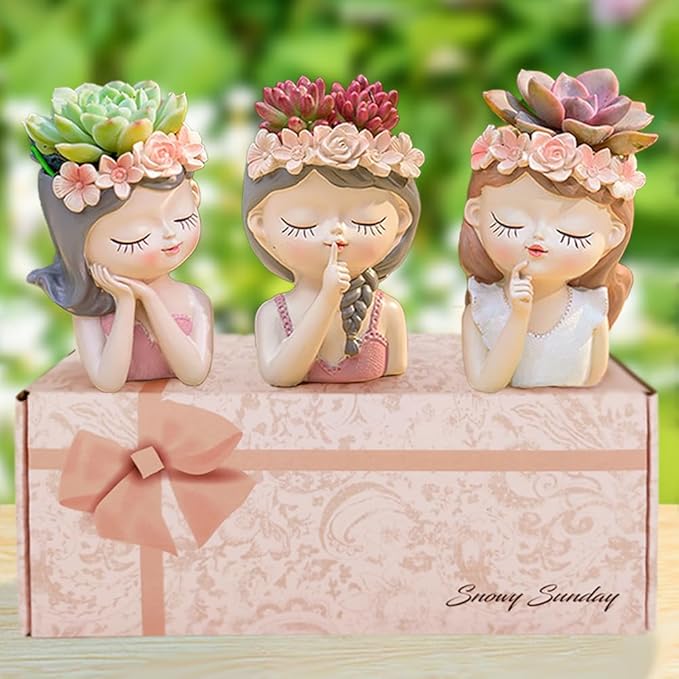 Small Fairy Succulent Plant Pot Set 3 Pack with Drainage Hole Indoor Cactus Pot Cute Flower Vases Decor with Girl Face Planter Gifts Idea for Women Arrive Beautifully Boxed