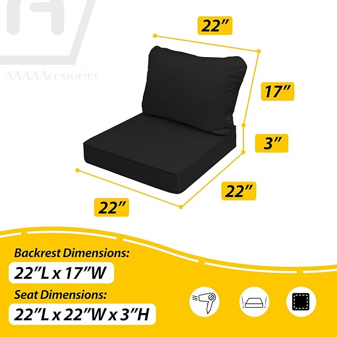 AAAAAcessories Outdoor Seat Cushions for Chairs, Fade-Resistant, Waterproof Patio Furniture Replacement Cushions, 22" x 22" x 3" + 22" x 17", Charcoal Black
