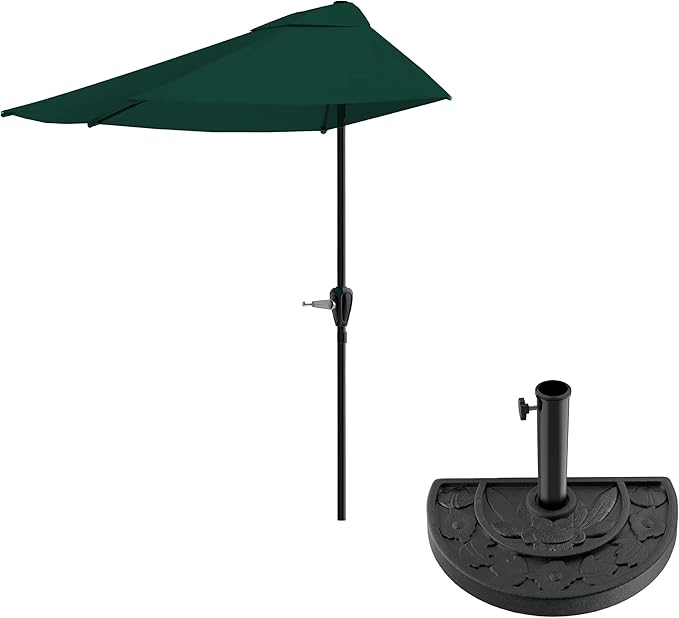 9-Ft Half Patio Umbrella Easy Crank Semicircle Balcony Shade with 20lb Weighted Base for Deck, Porch, or Against a Wall by Pure Garden (Hunter Green)
