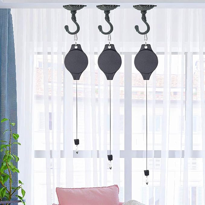 Sungmor Plant Pulleys 3PC Black Adjustable Plant Hangers, Indoor Outdoor Retractable Hanging Plant Hook, Telescopic Higher Lower Easy Reach Ceiling Hooks for Hanging Flower Basket Planter Bird Feeder