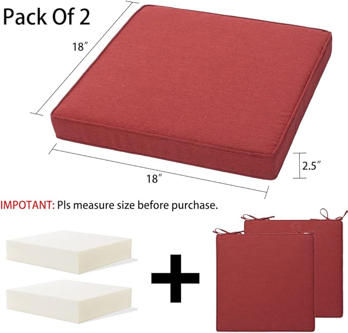 Magpie Fabrics Indoor Outdoor Waterproof Square Chair Cushion, 18" x 18" x 2.5", 2 Pack, Water Resistant Seat Cushions, for Patio Garden Office, Dark Red