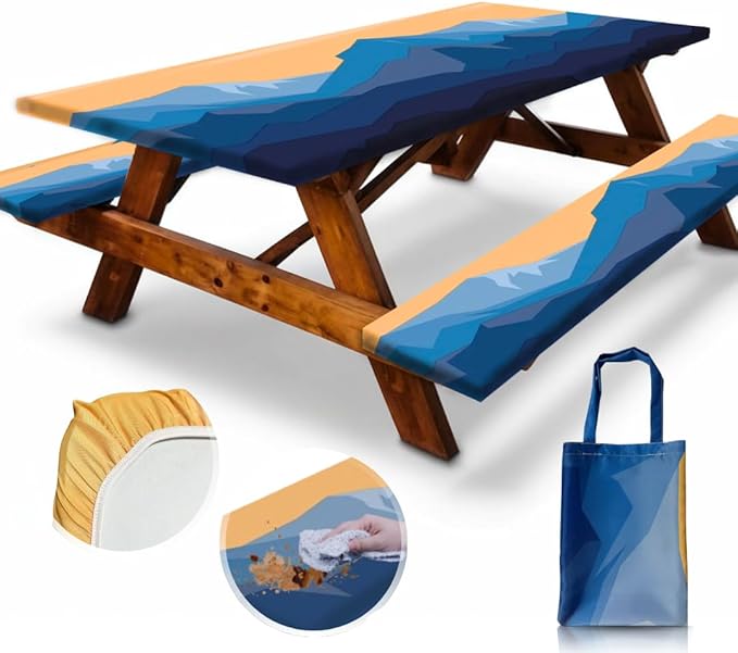 RNOONY 6ft Polyester Picnic Table Cover with Bench Covers Windproof & Waterproof Tablecloth, Perfect for Camping Gifts & RV Essentials, Cool Camping Gadgets, with Carrying Bag, 72x30 Inches, 4Pcs,Blue