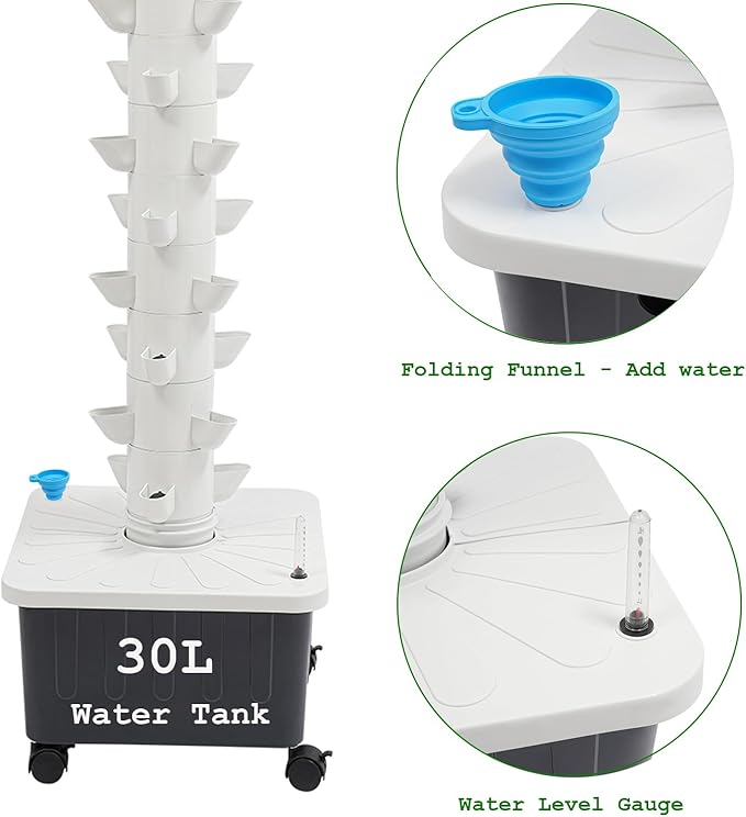 15-Tier Hydroponic Growing Tower, 45-Plant Vertical Garden Kit with Water Pump, Hydroponics Tower Growing System with 4 Wheels for Herbs, Vegetables, Strawberries (White)