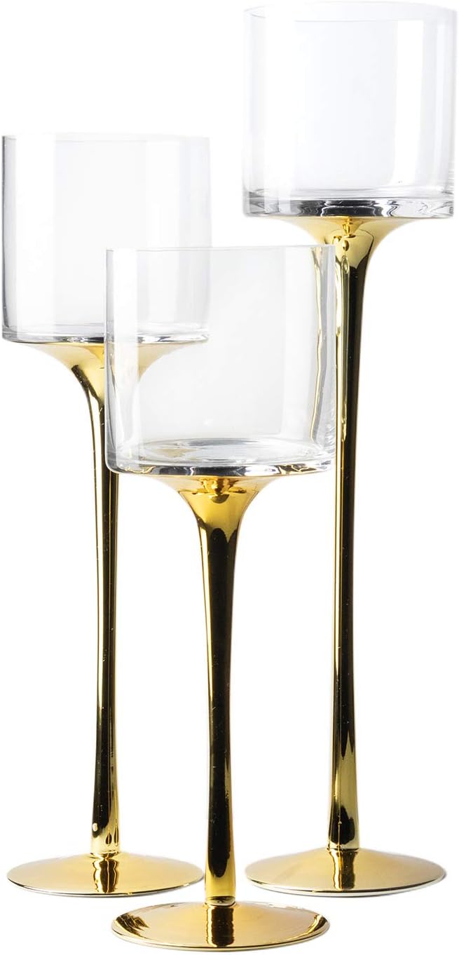 Royal Imports Glass Candleholder Flower Vase, Floating & Pillar Candle Centerpiece Display, Decorative Hurricane on Pedestal for Home or Wedding Set of 3, Gold
