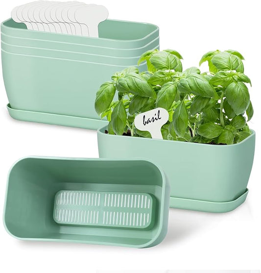 Herb Garden Planter Set, Plastic Plant Pots with Drainage and Saucer, Indoor Succulent Cactus Vegetable Pot for Windowsill, Garden Balcony, Green, Set of 6