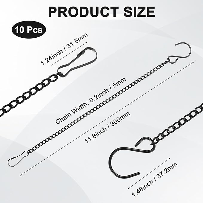 10-Pack Chain for Hanging Plants, 30cm(12 Inch) Adjustable Hanging Chain with Clips for Bird Feeder/Planter/Lantern/Wind Chime, Iron Basket Extender Hanger [Black]