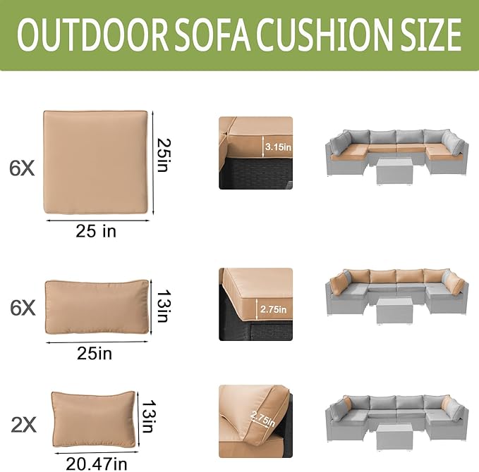 14Piece Outdoor Sofa Cushion Replacement, Patio Furniture Waterproof Cushion with Zippers, fit 6-Seat Outdoor Wicker Rattan Sectional Couch (Beige, 24.8"x24.8"x3.15")