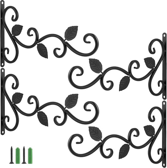 HAKZEON 4 Pack 12 Inches Wall Hook Hanging Plant Bracket, Metal Planter Hook Wall Mounted Elegant Decorative Hanger Hook with Screws, for Lanterns, Planters, Flower Baskets, Wind Chimes, Black