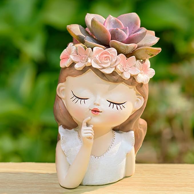 Small Cute Girl face Succulent pots with Drainage Hole Fairy Garden pots Gifts idea for Plants Lovers Decorative Flower Pot Head Planter for Indoor Plants Tiny Cactus Container