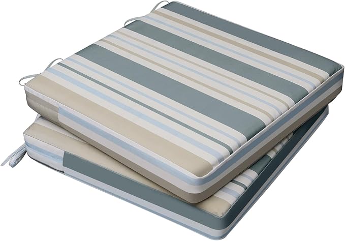 AAAAAcessories Outdoor Seat Cushions for Chairs, Waterproof, Fade-Resistant, 18" x 18" x 2", Patio Furniture Replacement Cushions, Set of 2, Slate Gray Blue Coastal Stripe