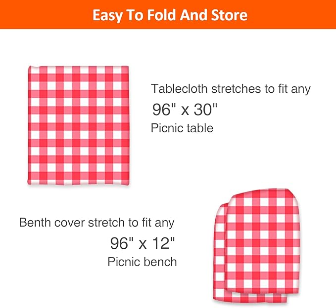 KENOBEE 8ft Picnic Table and Bench Cover, Camping Essentials RV Gear, 96 in Waterproof Windproof Outdoor Elastic All Around Tablecloth, Fitted Rectangle Tables and Seats, Red-White Checkered