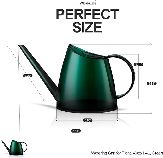 WhaleLife Small Indoor Watering Can for House Plants - Stylish Green Plastic Watering Pitcher with Long Spout for Potted Plants, Succulents, and Desk Gardens 1.4L