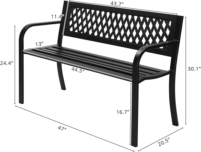 Outvita Outdoor Bench, 47" Metal Garden Bench Patio Park Furniture with Plastic Backrest Powder-Coated Chair Yard Entryway Deck Porch Black
