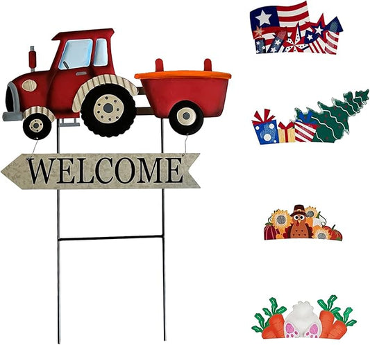 Vintage Metal Truck Yard Stake with Seasonal Sign Loads Metal Easter Welcome Sign for Outdoor Merry Christmas 4th of July Fall Harvest Spring Easter Garden Lawn Pathway Decor