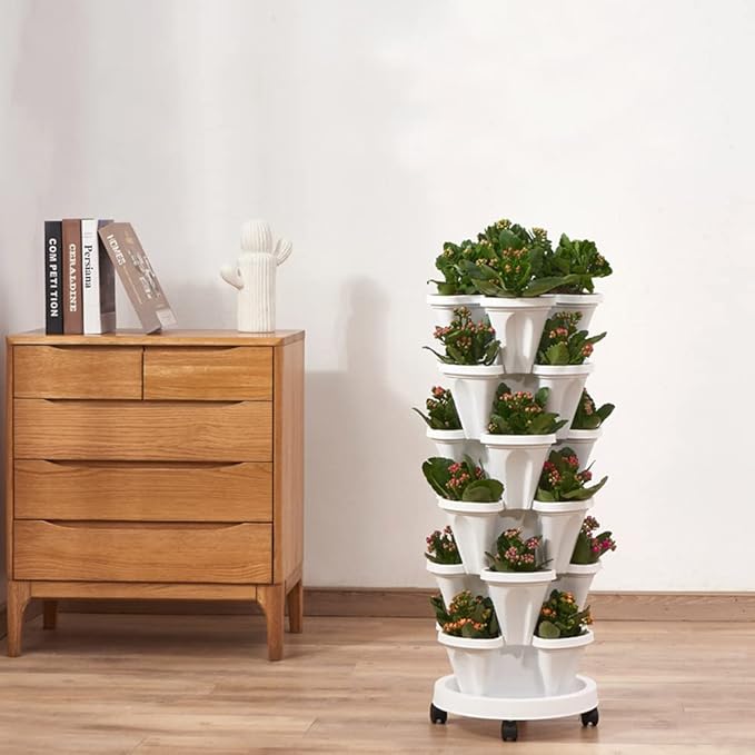 Vertical Planter 5 Tiered,Stackable Planters for Strawberry Herb Flower and Vegetable Stacking Garden Tower Gardening Pots with Removable Wheels and Bottom Indoor Outdoor