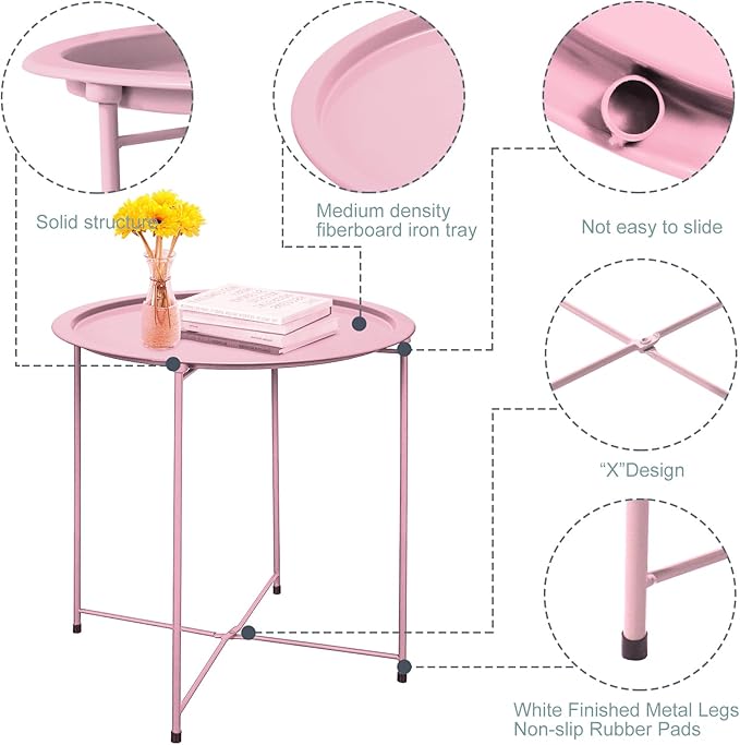 Garden 4 you End Table Metal Side Table Pink Round Folding Tray Cyan Sofa Small Accent Fold-able Table, Round End Table Tray, Next to Sofa Table, Snack Table for Living Room and Bed Room