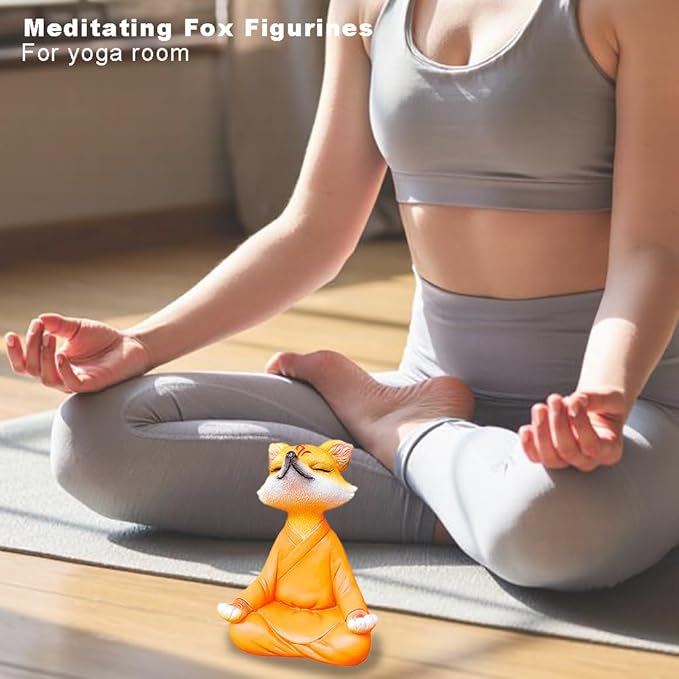 Meditating Buddha Fox Statue Resin Zen Animal Sculpture Yoga Figurine Indoor Outdoor Fengshui Decor for Patio Garden Yard Lawn Tabletop Planter Ponds Pot Bookshelf Spiritual Gifts Ornaments Orange