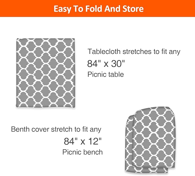 KENOBEE 7ft Picnic Table and Bench Cover, Camping Essentials RV Gear, 84 in Waterproof Windproof Outdoor Elastic All Around Tablecloth, Fitted Rectangle Tables and Seats, Gray-White Moroccan