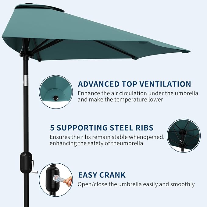 Garvee Patio Umbrella 9FT - Half Umbrella Outdoor with Smooth Crank Lift, Outdoor Shade Canopy for Patio, Backyard, Garden, Deck, Balcony -Turquoise