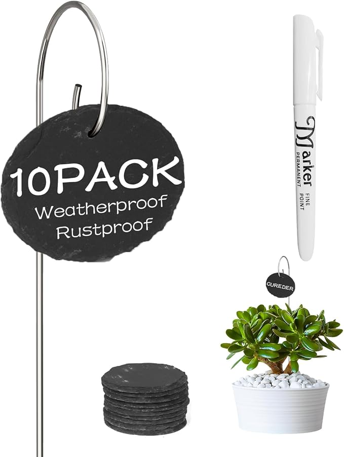 10-Pack Marble Oval Garden Markers,Weatherproof Metal Plant Labels Large Planting Seedling Stake Signs, for Seedlings Herbs Vegetable Greenhouse Gifts with White Marker Pen Labels