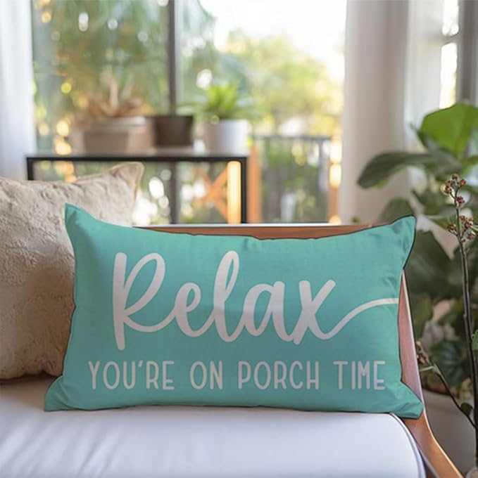 PANDICORN Farmhouse Throw Pillow Covers 12x20 Inch Relax Porch Time Turquoise Summer Beach Outdoor Decorations Lumbar Pillow Decorative Throw Pillows Cases Cushion Covers for Porch Couch Sofa Decor