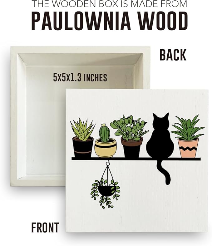 Cats and Plants Lover Gift, Gardening Gifts for Women Rustic Garden Decor Wooden Box Sign Block Plaque Gardener Planter Plant Lover Gifts for Home Farmhouse Garden Bedroom Decor