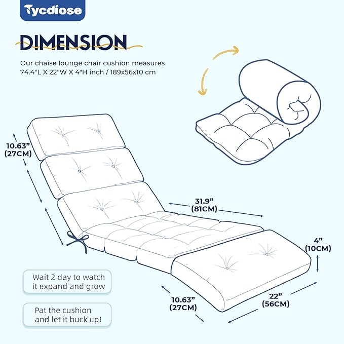 All Weather Chaise Lounge Cushions Outdoor Lounge Chair Cushion, Replacement Chaise Lounger Chair Cushion Waterproof for Outdoor Patio Furniture with Non-Slip Back and Ties, Blue