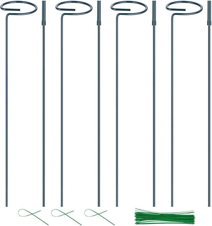 4 Pack Plant Support Stakes, 16/32 Inch Garden Stakes for Plants, Plant Accessories with 50 PCS Twist Ties for Indoor Outdoor Potted Tomato Vegetables Amaryllis Monstera Rose Peony Marigold