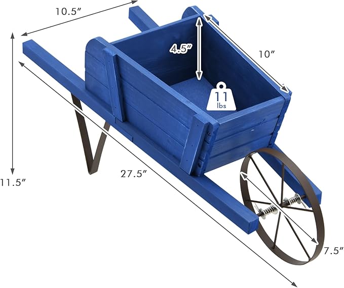 S AFSTAR Wood Wheelbarrow Planter, Small Flower Plant Pot Wheelbarrow Cart with Metal Wheel & 9 Replaceable Magnet Accessories, Wooden Wagon Planter Wheelbarrow for Outdoor Garden Backyard (Blue)