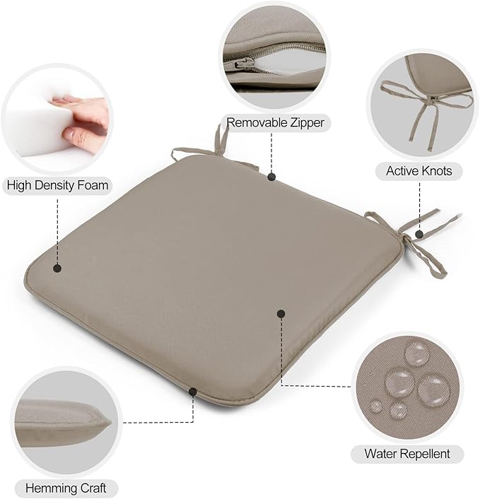 GUEGLSA Outdoor Indoor Waterproof Seat Cushions,16x16 Inches Patio Chair Cushion with Ties,Machine Washable Seat Pad for Home Garden Furniture,Set of 2,Khaki