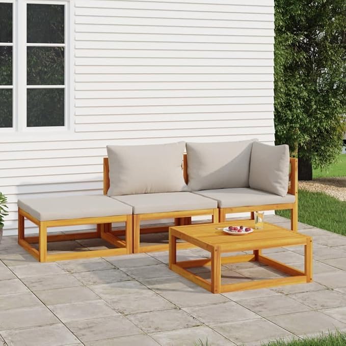 SKM 4 Piece Garden Lounge Set with Light Grey Cushions Solid Wood (Weight-79KG)-5304