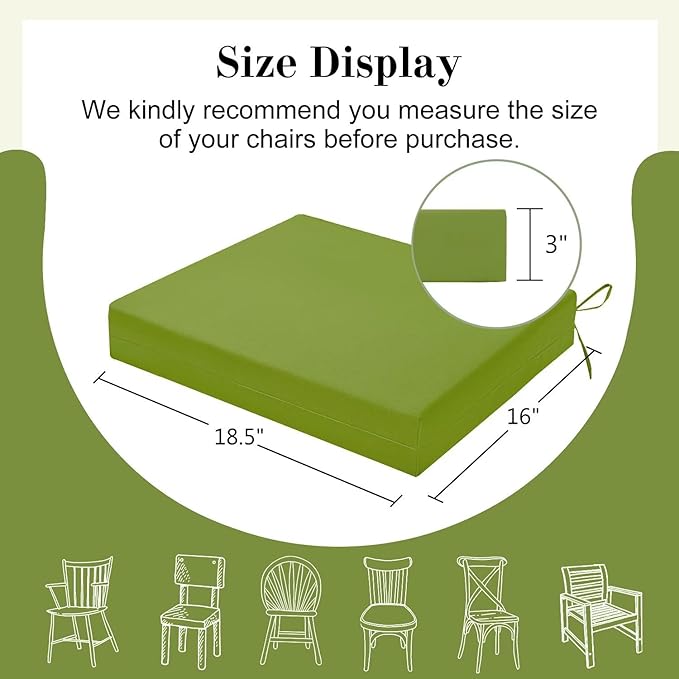 Cozyide Outdoor Chair Cushions, Waterproof Patio Seat Cushions with Adjustable Straps, Square Corner Patio Chair Cushions for Garden, Grass Green, 18.5x16x3 Inch (Pack of 4)