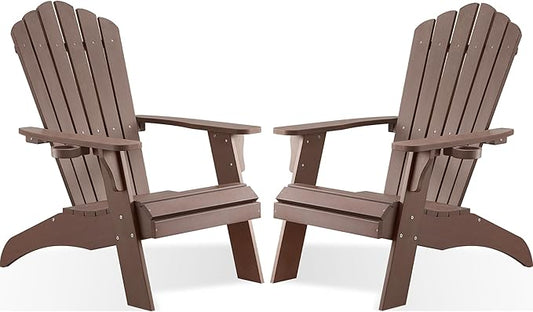 Psilvam Adirondack Chair, Oversized Poly Lumber Fire Pit Chair with Cup Holder, 350Lbs Support Patio Chairs for Garden, Weather Resistant Adirondack Chair Looks Like Real Wood (2, Brown)
