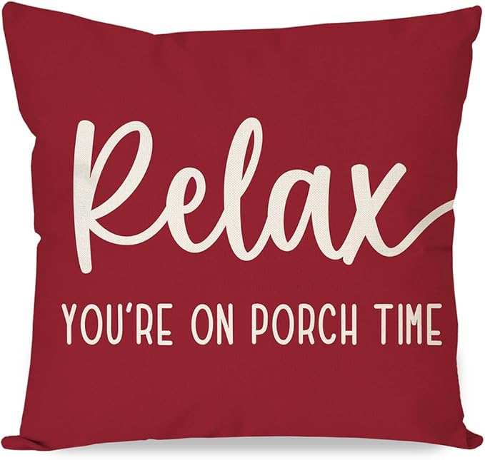 PANDICORN Decorative Throw Pillow Covers 18x18 Inch Relax Porch Time Crimson Red Outdoor Farmhouse Holiday Christmas Patio Decorations Decorative Cushion Case for Front Porch Couch Bench Decor