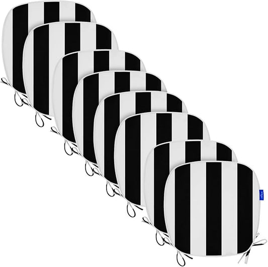 SleepMan Outdoor 17"x16" Chair Cushions with Ties Set of 8, Water Resistant All Weather U-Shape Seat Pads for Patio Garden Furniture Indoor Fade Resistant Patio Cushions (Black Stripe)