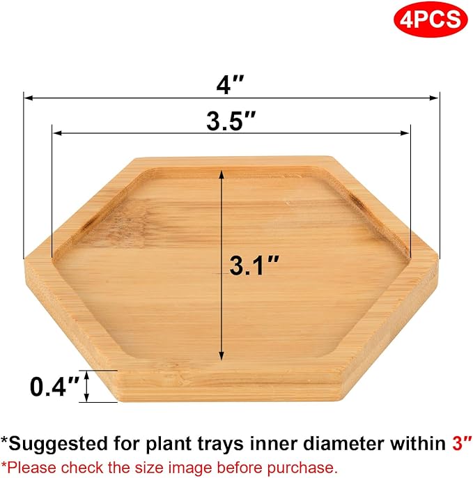 Cosmos 4 Pcs Bamboo Plant Saucer Succulent Pot Holder Drainage Tray with Raised Edge for 3.5 Inch Small Plant Flower Pots (Hexagon Shape)