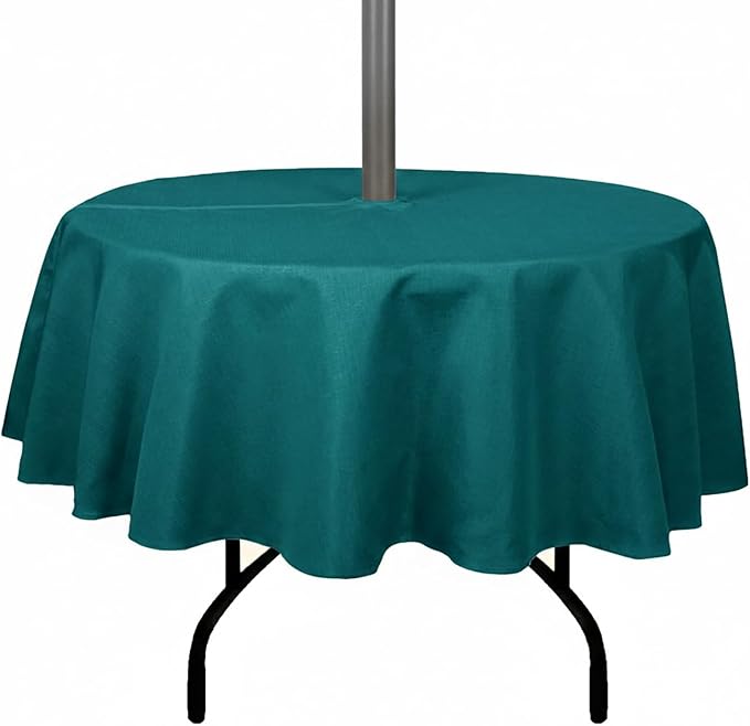 Outdoor Tablecloth Wrinkle-Free Stain Resistant Waterproof Polyester Fabric Table Cover with Zipper Umbrella Hole for Picnic/Party/Dinner/Patio Garden(60inch Round,Zippered,Teal)