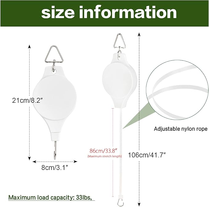 Sungmor Plant Pulleys 3PC White Adjustable Plant Hangers, Indoor Outdoor Retractable Hanging Plant Hook, Telescopic Higher Lower Easy Reach Ceiling Hooks for Hanging Flower Basket Planter Bird Feeder