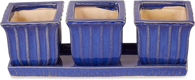 Accent Plus Blue Square Ceramic Small Planter (Set of 3)