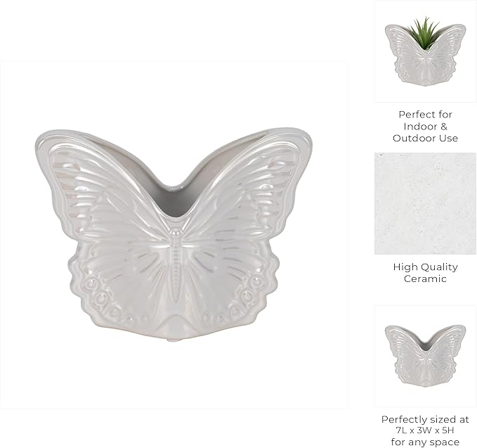 Decorative Ceramic Flower Pots for Home Decor – Indoor and Outdoor Planters with Butterfly Design for Succulents and Garden Plants – Cute Plant Pots for Garden, Patio or Room Decor – 6" Ivory & Tan