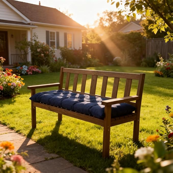 Outdoor Waterproof & Sun-Resistant Bench Cushion, 47.3"x19.7"x3.2" Tufted Patio Seat Pad with Non-Slip Ties,Long Chair Cushion for Garden,Porch,Swing,Indoor Furniture (Navy, 47.3×19.7×3.2)