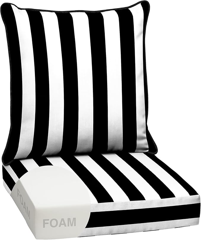 Arden 24x24 Outdoor Deep Seat Cushion Set – Fade-Resistant, Weather-Resistant Outdoor Patio Replacement Cushions Black Cabana Stripe