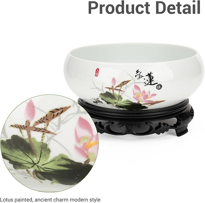 Lotus Bowl Planter - Ceramic Pots for Plants with Stand for Hydroponic Water Lilies & Bonsai Trees, Bonsai Pots Indoor/Outdoor Décor - Zen Garden & Home Art Display (White, Medium)