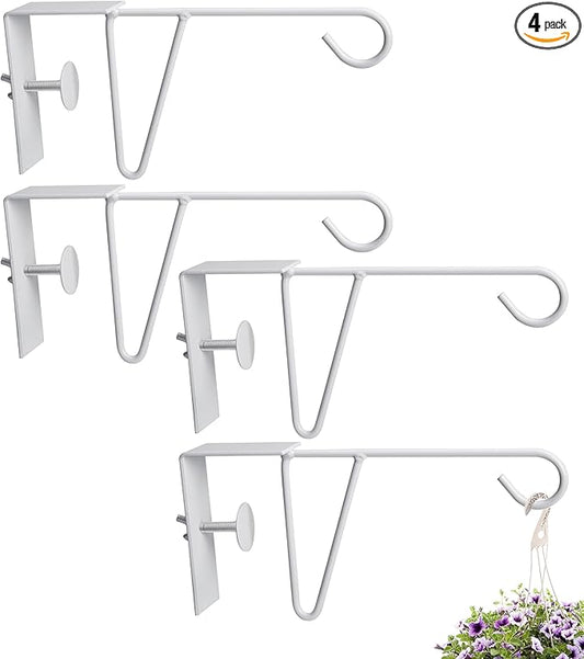 moonoom 4 Pcs Adjustable Vinyl Fence Hooks, Patio Hangers Decorative White Powder Coated Steel Fence Hangers Suitable for Hanging Plants,Lights,Basket (4pcs White)