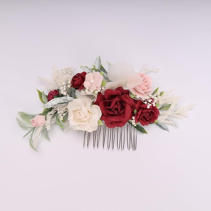 Burgundy Floral Hair Comb with Baby's Breath Dried Flower Bridesmaids Hair Clips Garden Wedding Hair piece Photo Prop